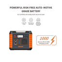 A TOTOYU portable automotive battery tester and charger shown on a white background with promotional text. The device has a black and orange rugged design, a digital display, and control buttons.