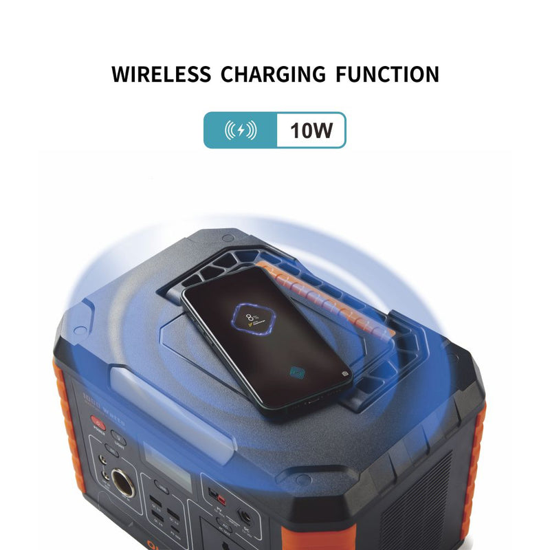 Portable power station with wireless charging function, featuring a smartphone placed on its top surface under a blue lightwave effect, with text reading 'WIRELESS CHARGING FUNCTION' and '10W'.