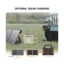 A promotional product graphic showing solar charging capability outdoors, with a foldable solar panel, a beige storage crate labeled 'COLD AIR MAX', and a portable power station next to a vehicle. Text at the top reads 'OPTIONAL SOLAR CHARGING' and small callouts at the bottom identify components.