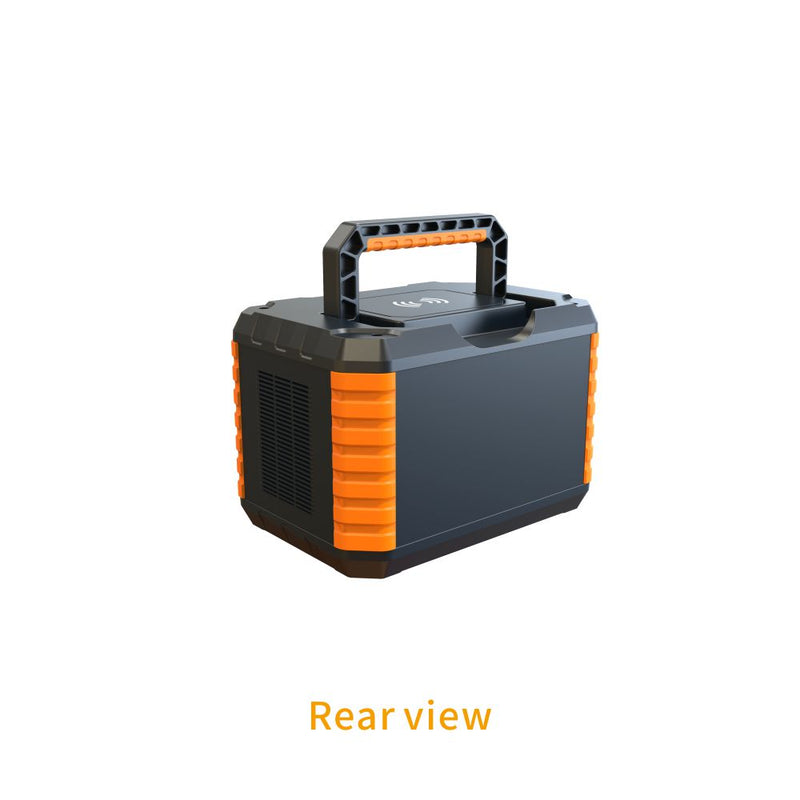 A rugged portable power bank or generator-style device shown from the rear on a plain white background, with orange side accents and a black handle. The text 'Rear view' appears below in orange.
