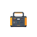 A portable power station with a dark gray body, bright orange side grips, and a top carrying handle, shown on a plain white background. The front features a digital display screen, multiple output ports, and the word 'BRAND' printed in yellow at the bottom.