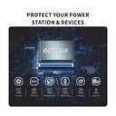 A promotional graphic for an OUTLUX protective pad or cover, featuring a dark blue and black circuit board background with a metallic central rectangle labeled OUTLUX. Text at the top reads 'PROTECT YOUR POWER STATION & DEVICES,' and icons along the bottom list tested features such as core test, BMS test, mainboard test, battery test, final test, and solar test.