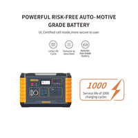 A portable automotive battery charger/power station shown on a white background with marketing text above and a performance badge to the right. The product has a dark gray body with bright orange side panels and a small display screen on the top front.