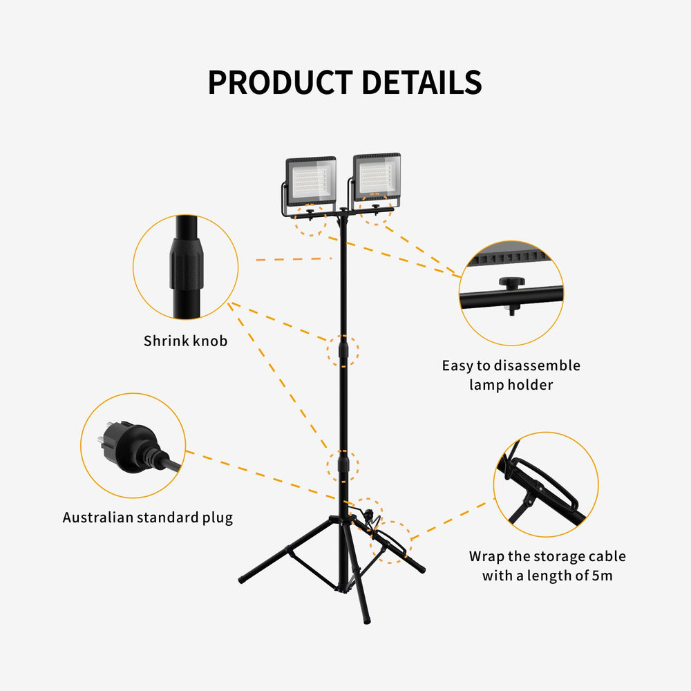 Outway Outdoor Work Light Adjustable Tripod Stand 2 x 50W LED Spotlight Flood Lights/1.55m Stand