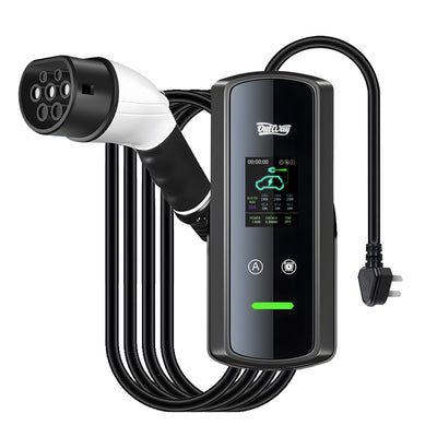 portable EV charger with a digital display, charging cable, and connector.