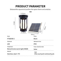 Product parameter diagram showing a black solar outdoor light and matching solar panel with dimensions, plus text listing model PT0805W-2, LED, temperature, IP65, monochrome warm light/3000K, solar, and stainless steel + PC.