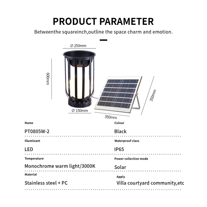 Product parameter diagram showing a black solar outdoor light and matching solar panel with dimensions, plus text listing model PT0805W-2, LED, temperature, IP65, monochrome warm light/3000K, solar, and stainless steel + PC.