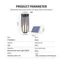 Product parameter diagram showing a black outdoor solar light with dimensions, a small solar panel, and text listing model PT0805W-3, IP65, warm white light, stainless steel + PC material, and suitable use in villa courtyards.