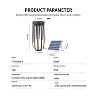 Product parameter diagram showing a black outdoor solar light with dimensions, a small solar panel, and text listing model PT0805W-3, IP65, warm white light, stainless steel + PC material, and suitable use in villa courtyards.