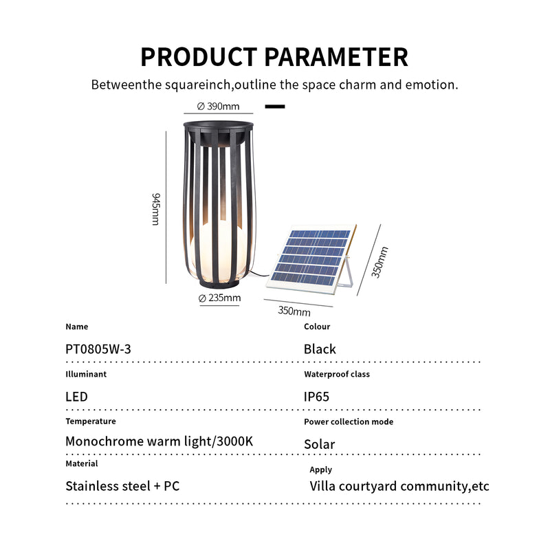 Product parameter diagram showing a black outdoor solar light with dimensions, a small solar panel, and text listing model PT0805W-3, IP65, warm white light, stainless steel + PC material, and suitable use in villa courtyards.