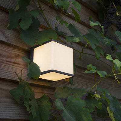 Outdoor solar wall light fixture on a wooden wall with greenery