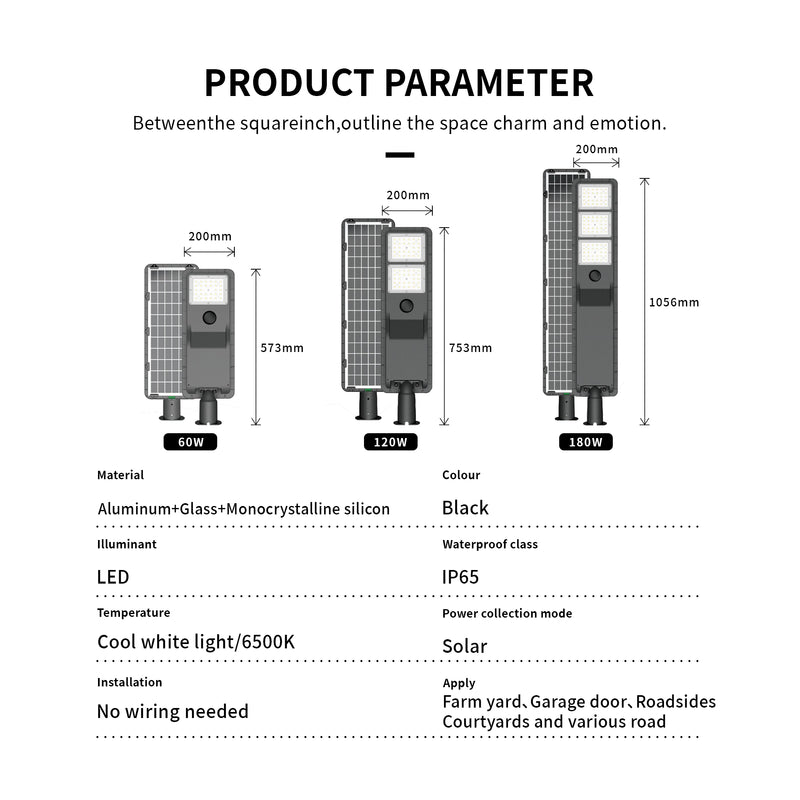 Outdoor Solar Street Light, Waterproof, Motion Sensor, Remote T007-180W