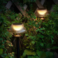 Solar garden lawn lights with a warm white glow, providing eco-friendly illumination for outdoor spaces.
