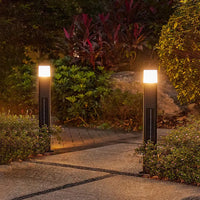 outdoor solar bollard light illuminating a pathway at night with greenery around.