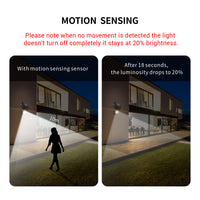 Comparison of motion sensing light with and without movement detected, showing a person walking towards a house.