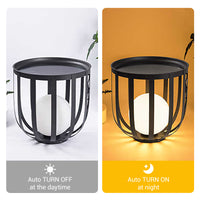 Black metal cage-style indoor floor lamp on a white and orange background with text indicating auto turn-off and turn-on functions.