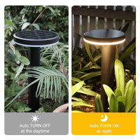 Solar-powered garden light showing auto-on/auto-off functionality in a garden setting.