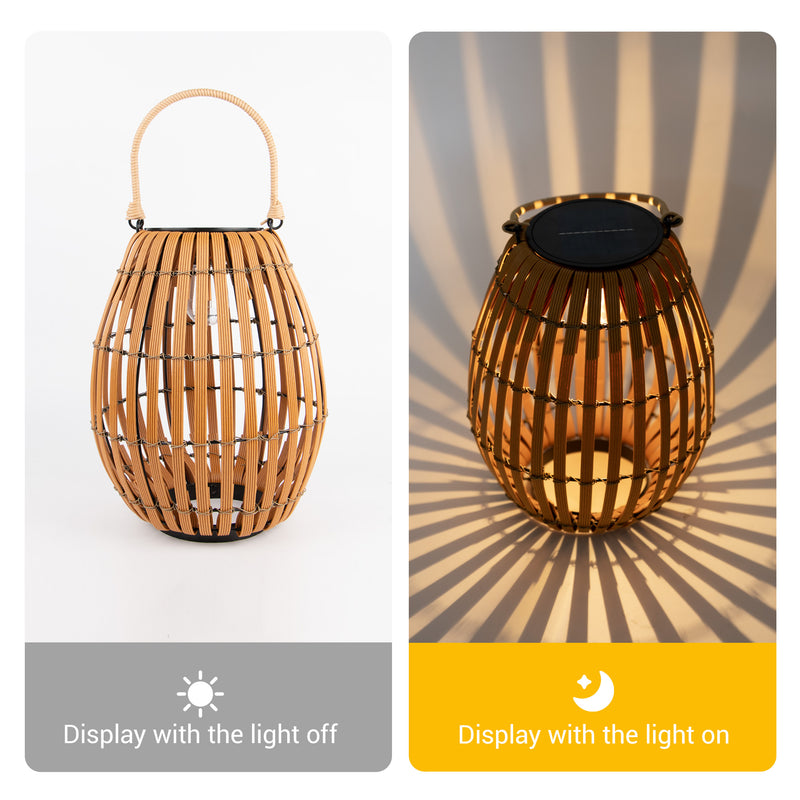 A solar-powered bamboo lantern with a light and a switch, designed for garden and lawn illumination.