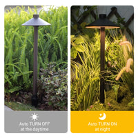 Garden light showing auto-on/auto-off functionality with plants in the background.