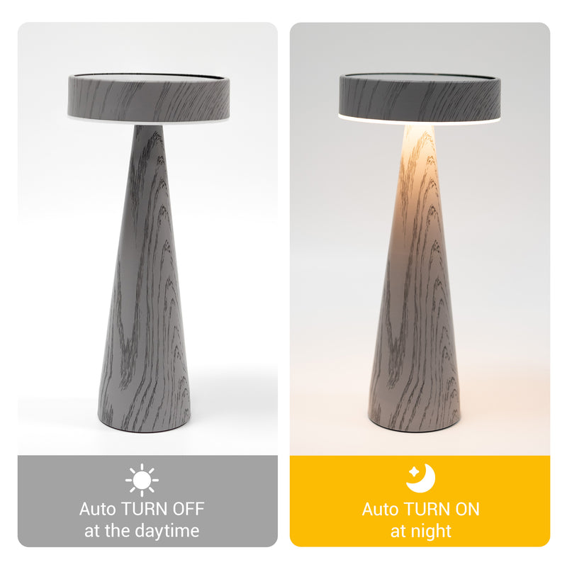 Day and Night Auto Mode: Graphic showing the Outway solar lamp automatically turning off during daytime charging and turning on at dusk for automatic illumination.