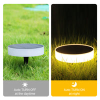 Round solar LED light for gardens, featuring automatic night activation and daytime shutoff for energy efficiency.