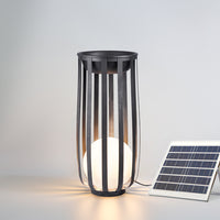Solar floor lamp with a cylindrical metal cage design on a light gray background
