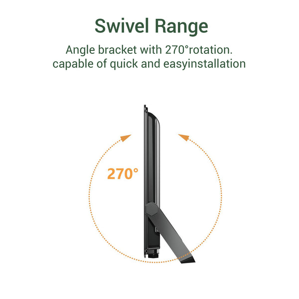 LED floodlight with a Swivel range angle bracket with 270-degree rotation capability on a white background.