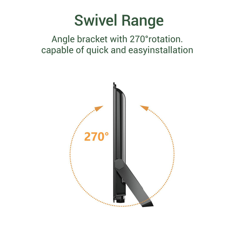 LED floodlight with a Swivel range angle bracket with 270-degree rotation capability on a white background.