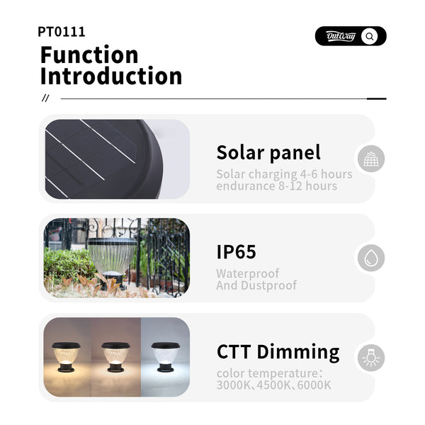Adjustable color solar lamp, allowing warm, neutral, and cool lighting options.