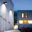 Adjustable solar floodlight for exterior use, featuring motion sensor detection.
