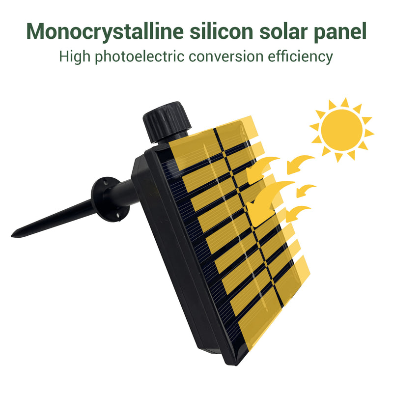 Close-up of a monocrystalline silicon solar panel adorned with glowing LED solar fairy lights, enhancing a festive atmosphere.