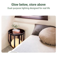 Bedroom scene with a nightstand and indoor floor lamp, text about dual-purpose lighting.