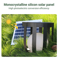 Solar panel and lamp on grass with text about monocrystalline silicon and high photoelectric conversion efficiency.
