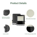 Diagram of a LED flood light with labeled parts on a white background