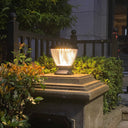 High-brightness LED solar pillar light with long-lasting battery life.