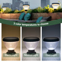 Solar pillar light with three color temperature options displayed against a cityscape background.