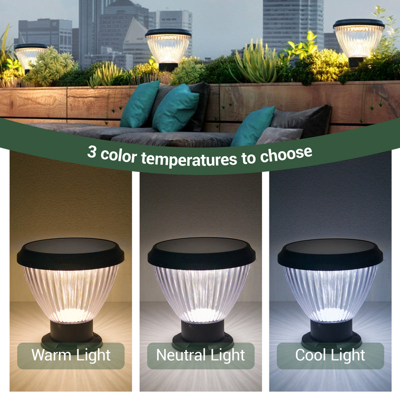 Solar pillar light with three color temperature options displayed against a cityscape background.