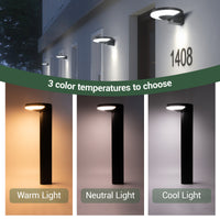 Outdoor wall and lawn lights with color temperature options displayed on a building facade.