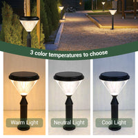 Solar pillar lights with color temperature options displayed.