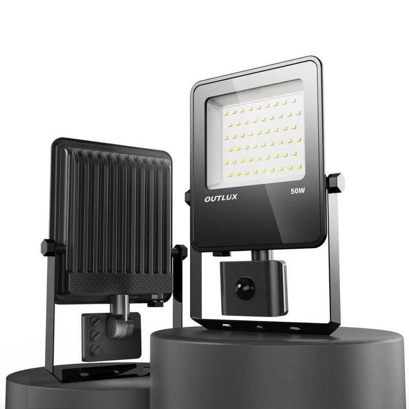 LED flood lights on stands with a white background
