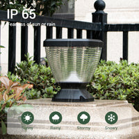 Outdoor solar pillar light with IP65 rating in a garden setting