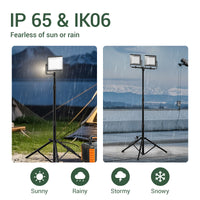 Outdoor LED worklight on stands with rain protection ratings IP 65 & IK06 displayed.