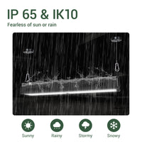 LED light bar with rain simulation on a black background, featuring IP 65 & IK10 ratings.