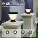 Outdoor solar lights on pillars with rain simulation and IP 65 rating text.