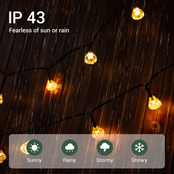 LED solar fairy lights with IP 43 rating for weather resistance, shown in rain.
