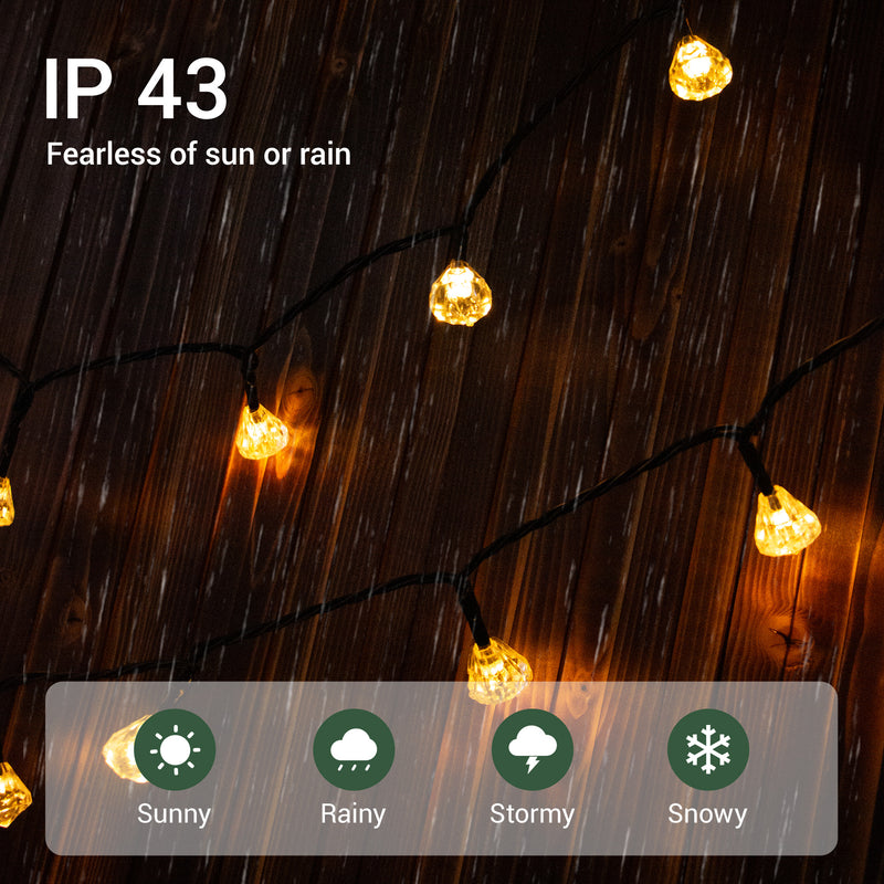 LED solar fairy lights with IP 43 rating for weather resistance, shown in rain.