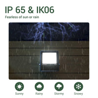 LED floodlight on a wooden panel with rain and lightning effects, featuring IP 65 & IK06 ratings.