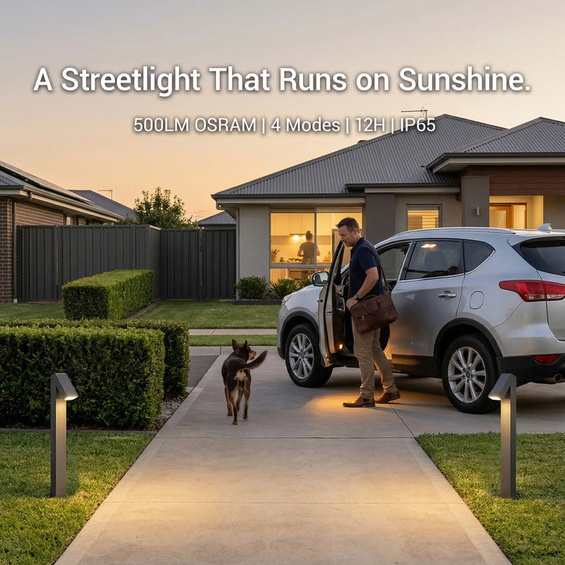 Rivix PT0723 solar path lights lining a suburban driveway at dusk with the headline "A Streetlight That Runs on Sunshine — 500LM OSRAM, 4 Modes, 12H, IP65, $159.99", showing a man arriving home with his dog and a partner visible cooking inside.