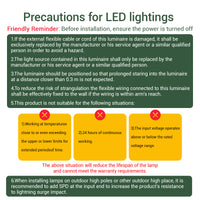 Precautions for LED lighting installation with text and icons on a green background