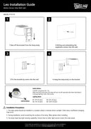A Leo Installation Guide sheet for the OutWay Mission Solar Wall Light (Model P70T19), showing four numbered panels with diagrams of how to install the lamp on a wall, along with switch button and lighting mode specifications.